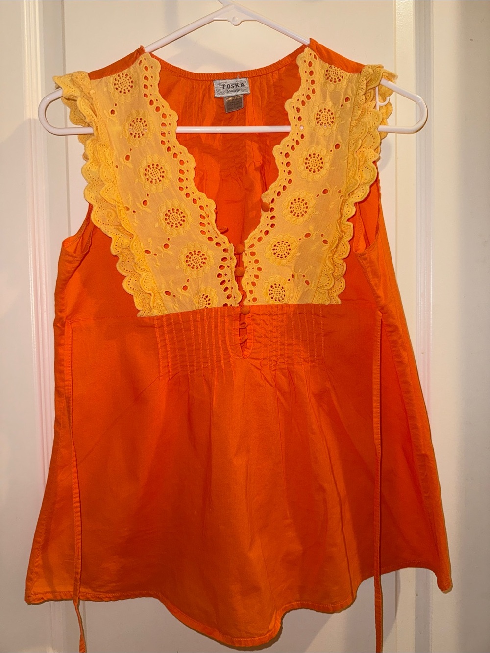 Toska Orange Camisole with Yellow Eyelet V-Neck